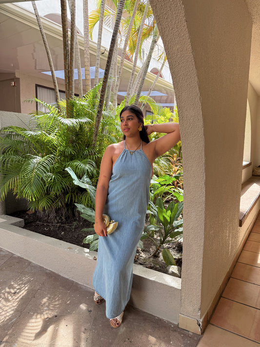Washed denim maxi dress