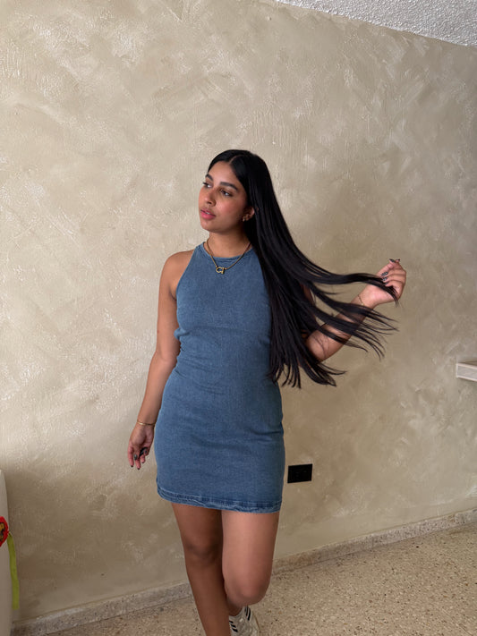 open back denim dress